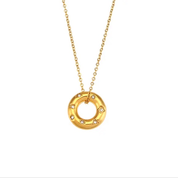 ◾️18k Gold Plated Crystal Paved Round Chunky Pendant Necklace - Picture 14 of 16
